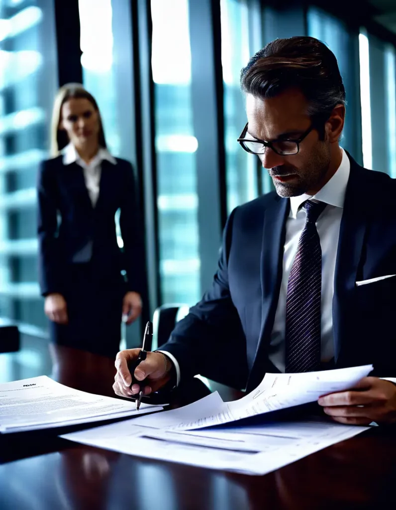 An auditor reviewing IT compliance documents with a business executive in a corporate office.