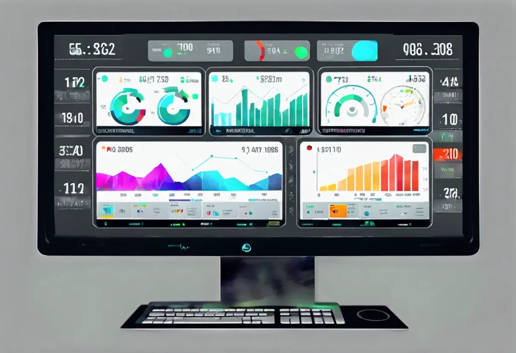 Digital artwork of a modern IT services dashboard with real-time monitoring metrics.