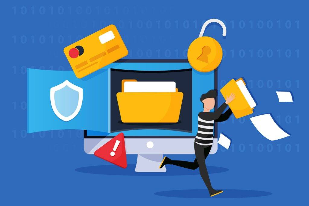 Cybersecurity breach with hacker stealing data illustration.